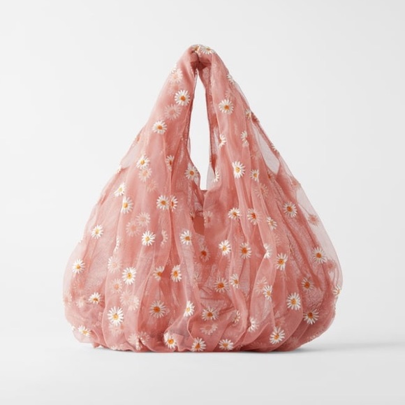 Zara Handbags - Zara pink embroidered tulle bucket bag NWT